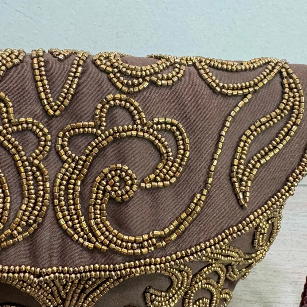 Vintage Walbaeg Beaded Brown Satin Evening Bag Dressy Formal Purse Crossbody‎